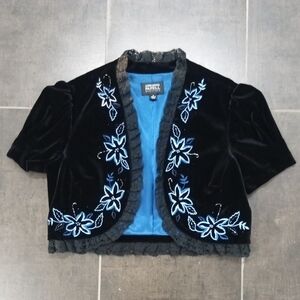 NWT Adrianna Papell Black Velvet Bolero Blue Satin Lining Lace & Embroidery Sz 4